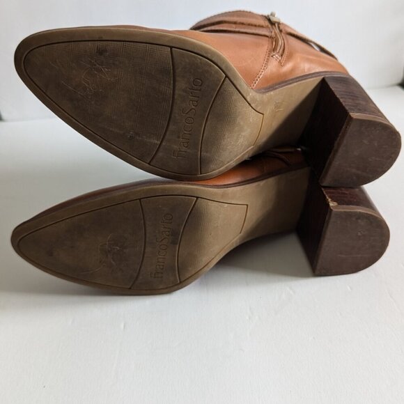Franco Sarto Tan Camel Leather Double Gold Buckle Stacked Heel Booties - Picture 6 of 7